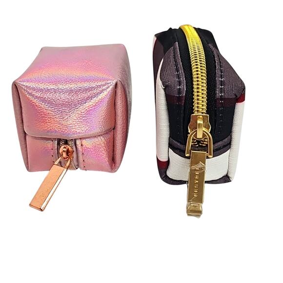 Two Stylish One Pink Faux Leather and One Black Gray White Red Mini Pouch Set - Picture 4 of 7